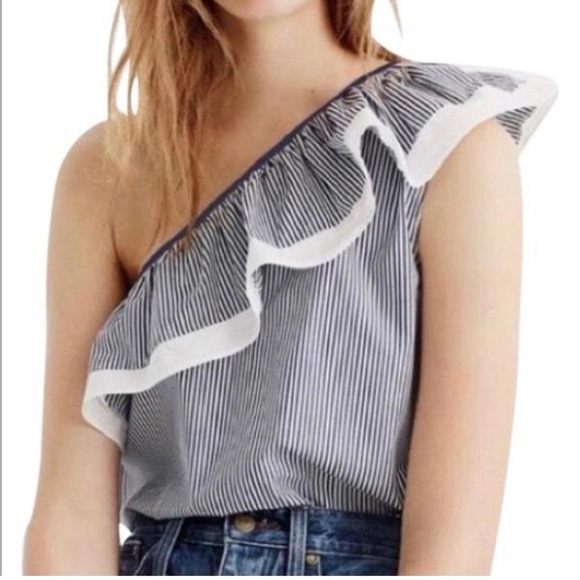 JCrew one shoulder sleeveless gorgeous cotton top blue and white stripe - Picture 1 of 3
